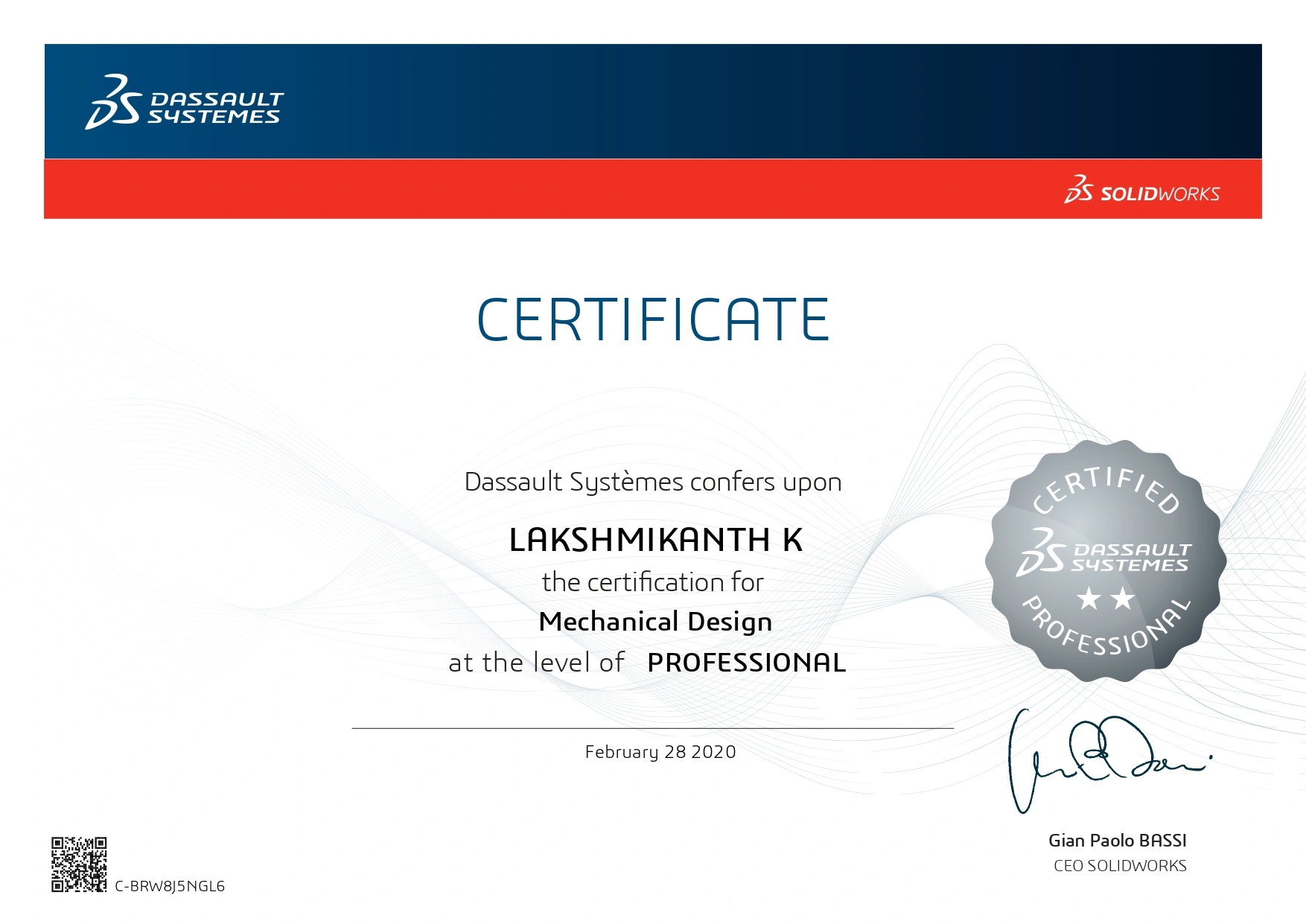 CSWP Certificate of Lakshimikanth — Skyjet Academy Coimbatore
